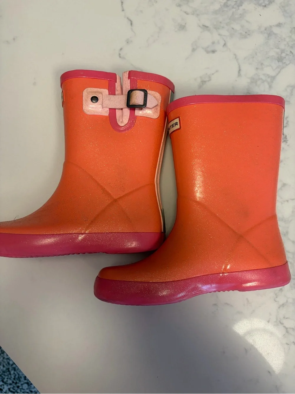 Hunter Glitter Coral and Pink Kids Rain Boots